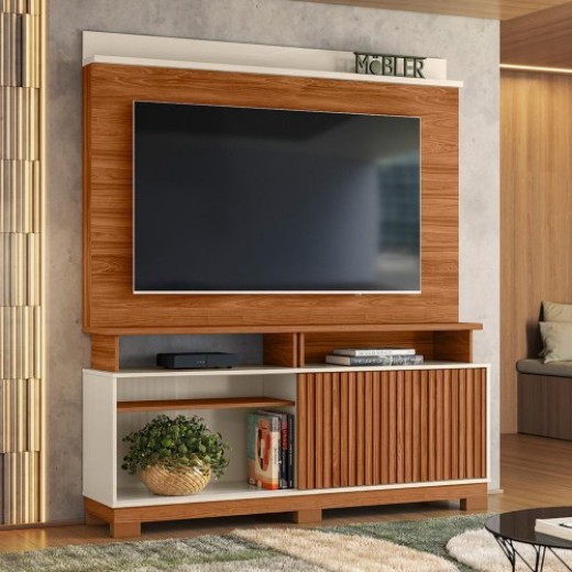 Estante Home Theater Dallas 1.6 Cinamomo Mel/off White/carrara para Tv até 70” - Mobler - 10x 99,90 - Sem entrada.